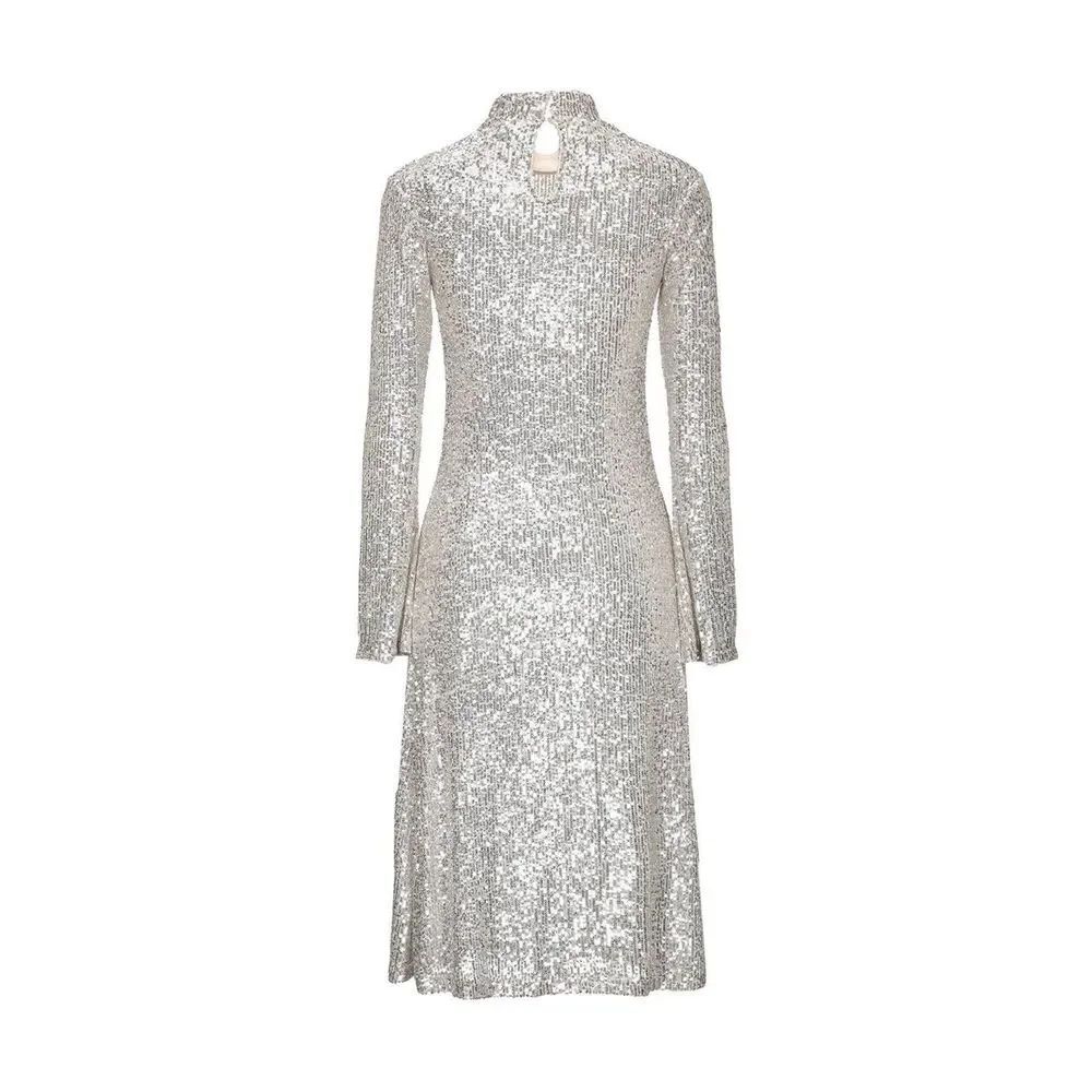 Silver Sequin Long-Sleeve Midi Dress with High Neck